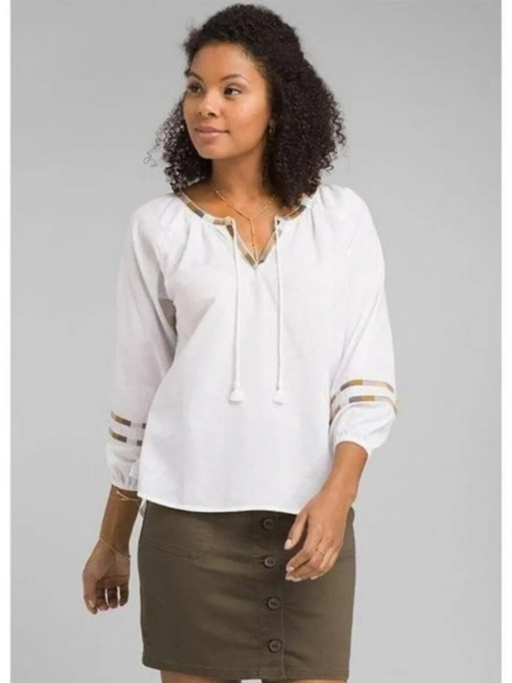 Bohemian Prana Atlantis Peasant Blouse, White with Earth-Tone Embroidery
